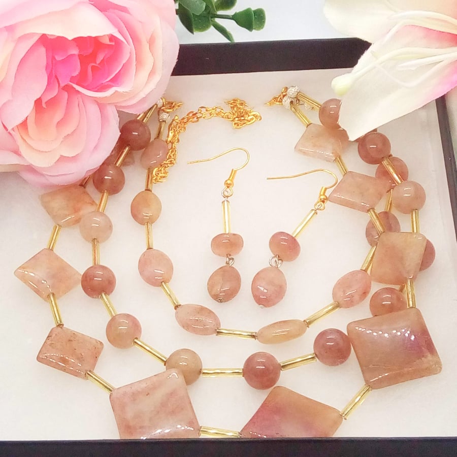 3 Strand Strawberry Quartz and Gold Plated Chain Jewellery Set, Gift for Her