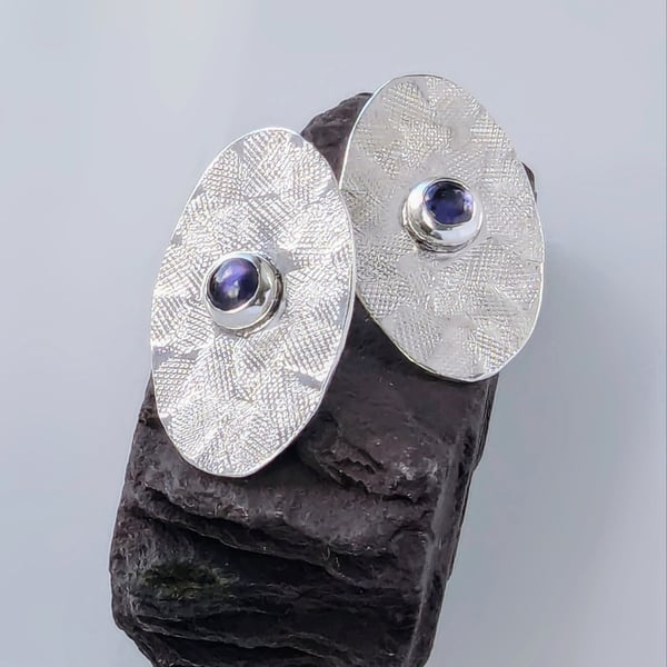STERLING SILVER Iolite Textured Oval Stud Earrings, Handmade Urban Jewellery