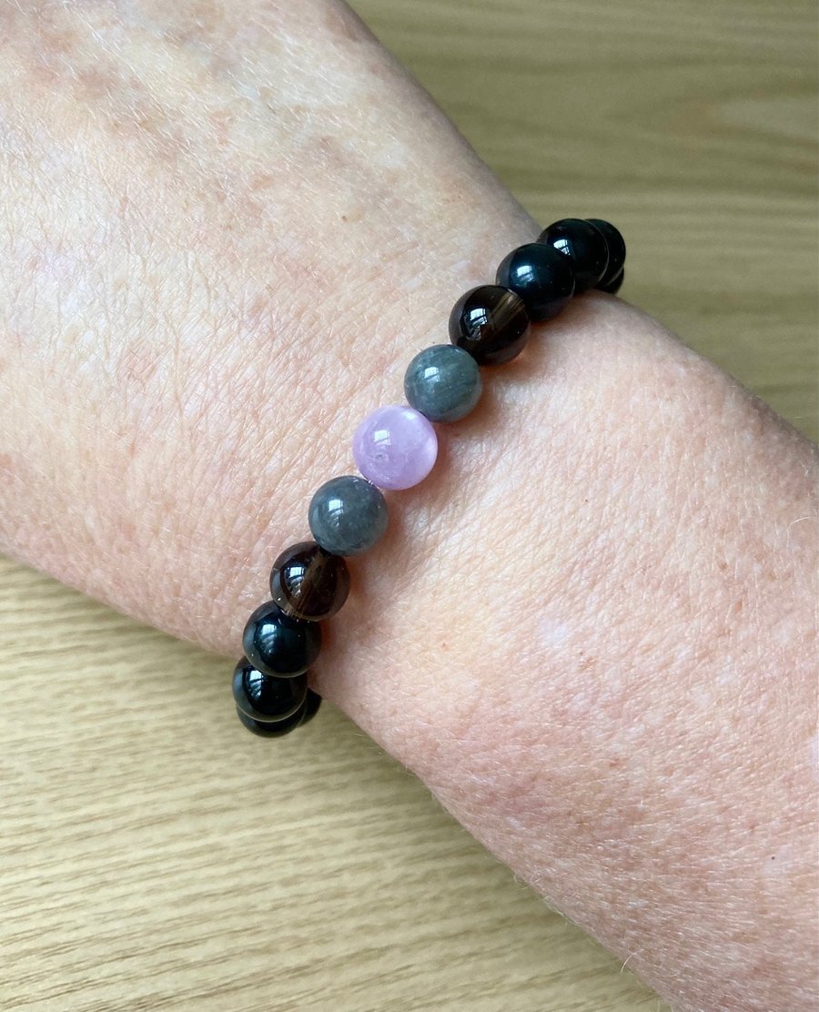 Energy Vampire Shield Protection Bracelet, Kunzite, Labradorite, Shungite 