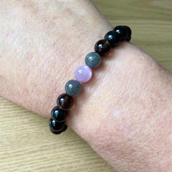 Energy Vampire Shield Protection Bracelet, Kunzite, Labradorite, Shungite 