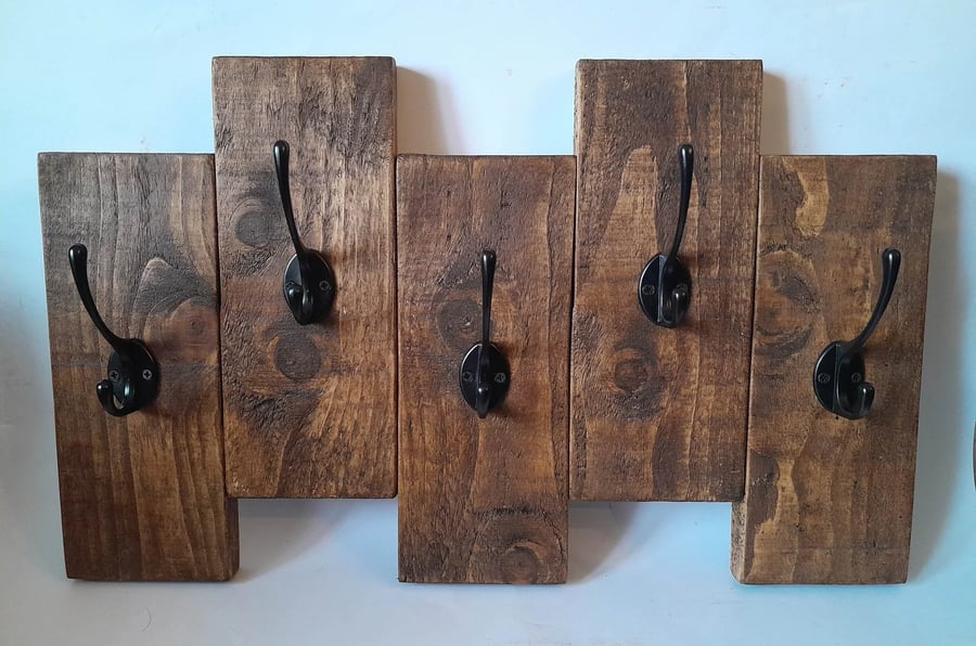 Handmade Wooden Coat Rack - 5 Black Hooks - Folksy