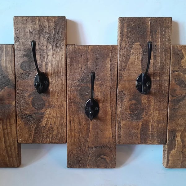 Handmade Wooden Coat Rack - 5 Black Hooks