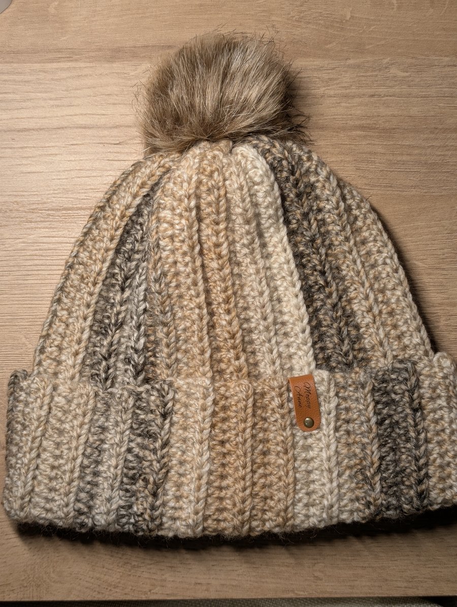 Crochet Pom Pom Beanie Hat in Neutral Colours