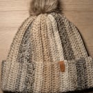 Crochet Pom Pom Beanie Hat in Neutral Colours