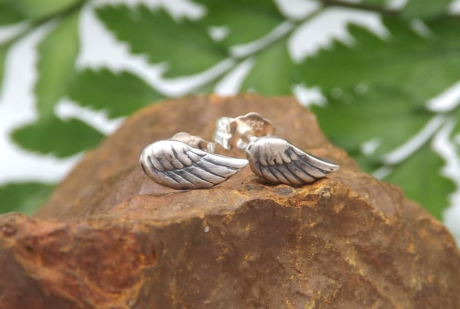 Recycled Sterling Silver Angel Wings Stud Earrings.