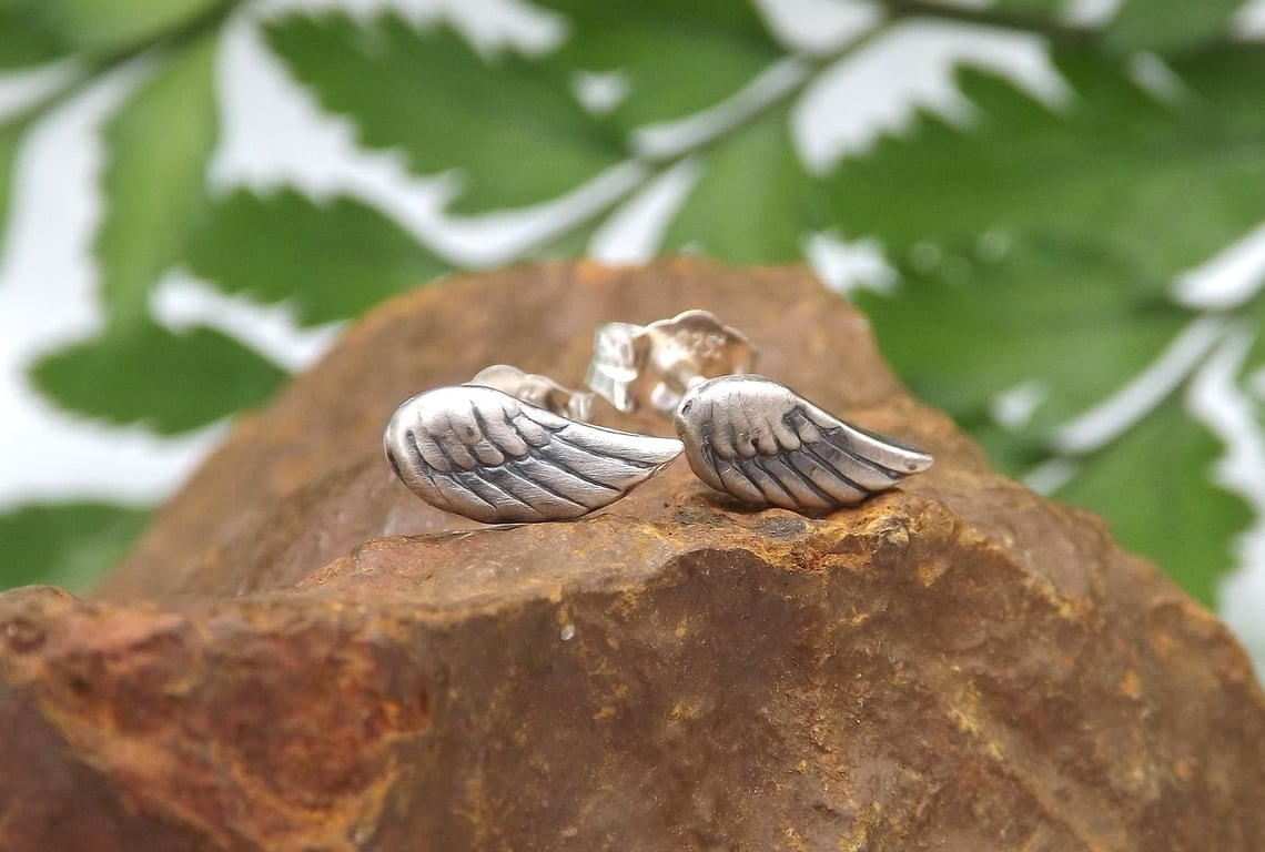 Recycled Sterling Silver Angel Wings Stud Earrings.