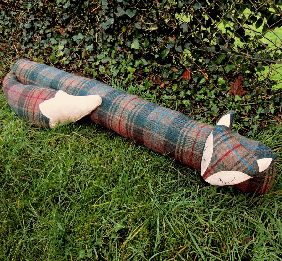 Fox draught excluder. Tartan wool.  99cm in length.  Draft Excluder.