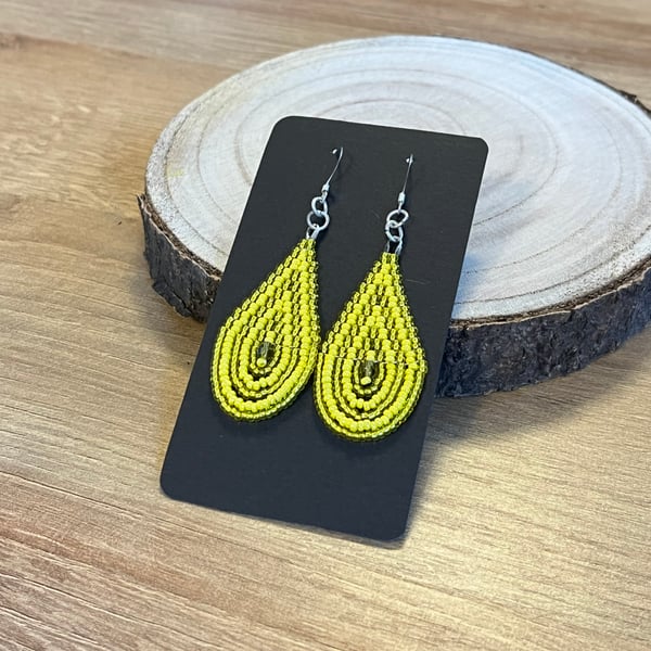 Yellow and gold beaded teardrop earrings