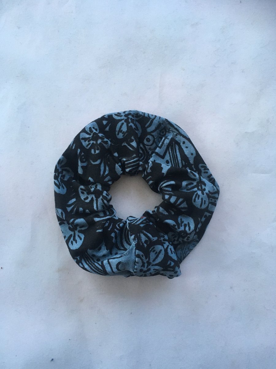 Elastic black & blue  scrunchie floral hand print,Eco hair accessory,gift