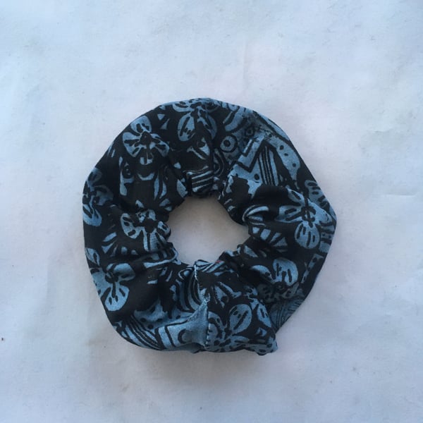 Elastic black & blue  scrunchie floral hand print,Eco hair accessory,gift