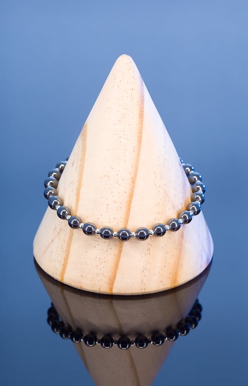 Bracelet polished hematite and sterling silver stretch handmade