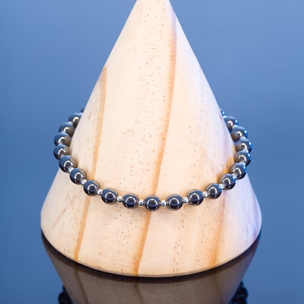 Bracelet polished hematite and sterling silver stretch handmade