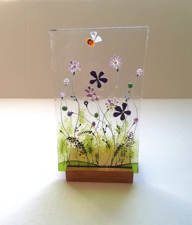 Purple wildflowers glass art, fused glass floral panel, freestanding ornament. M