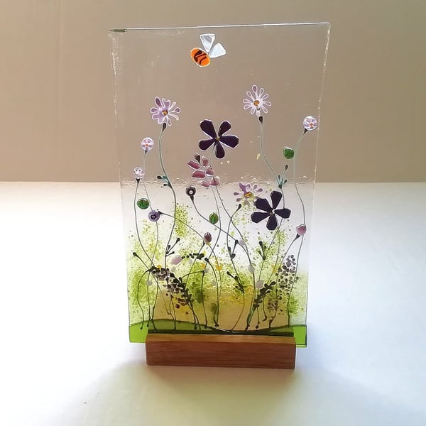 Purple wildflowers glass art, fused glass floral panel, freestanding ornament. M