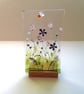 Purple wildflowers glass art, fused glass floral panel, freestanding ornament. M - Image 1