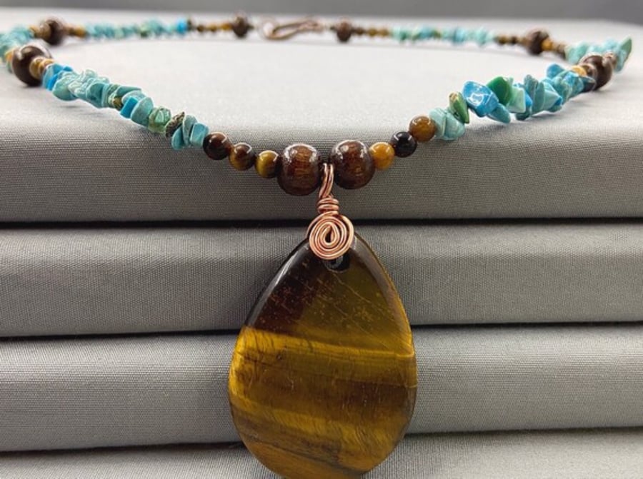 Boho Tiger s Eye Turquoise Teardrop Neckl Folksy