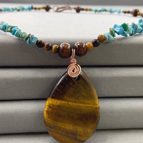 Boho Tiger’s Eye & Turquoise Teardrop Necklace Unisex