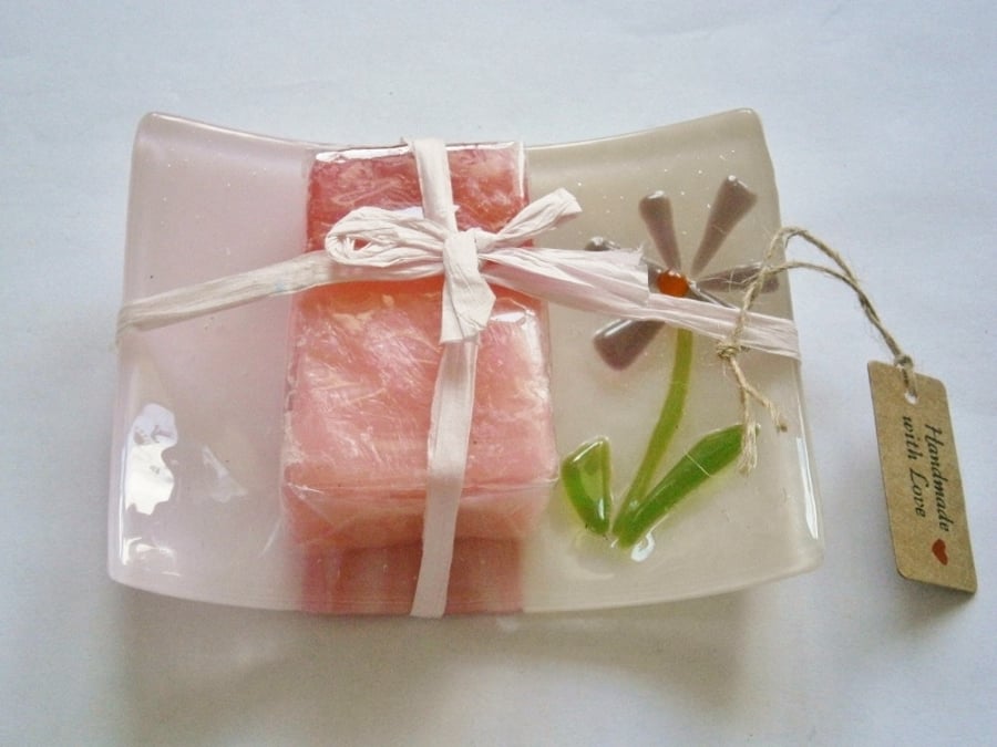 Fused glass soap or trinket dish with flower