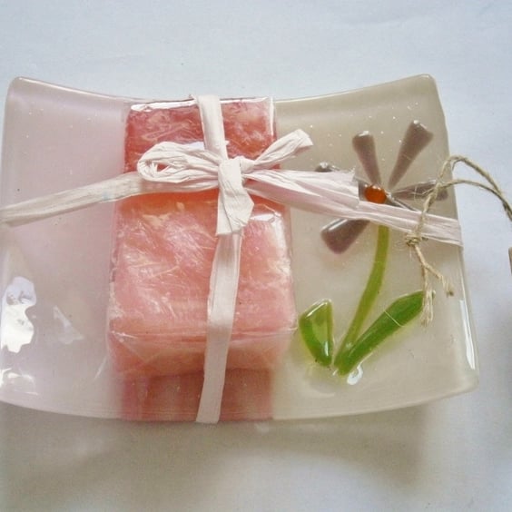 Fused glass soap or trinket dish with flower
