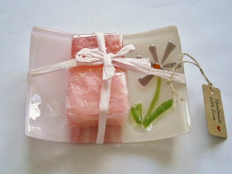 Fused glass soap or trinket dish with flower
