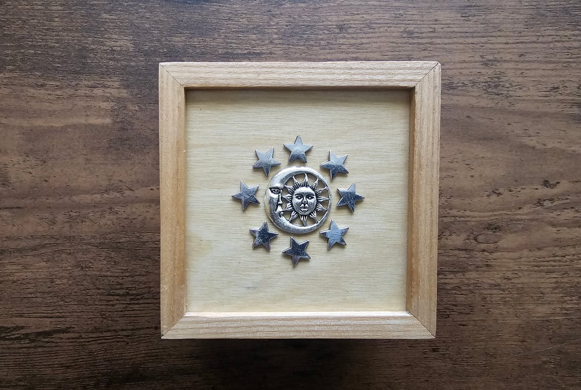 Silver Decoration Sun, Moon and Stars Wooden Trinket, Jewellery, Keepsafe Box 