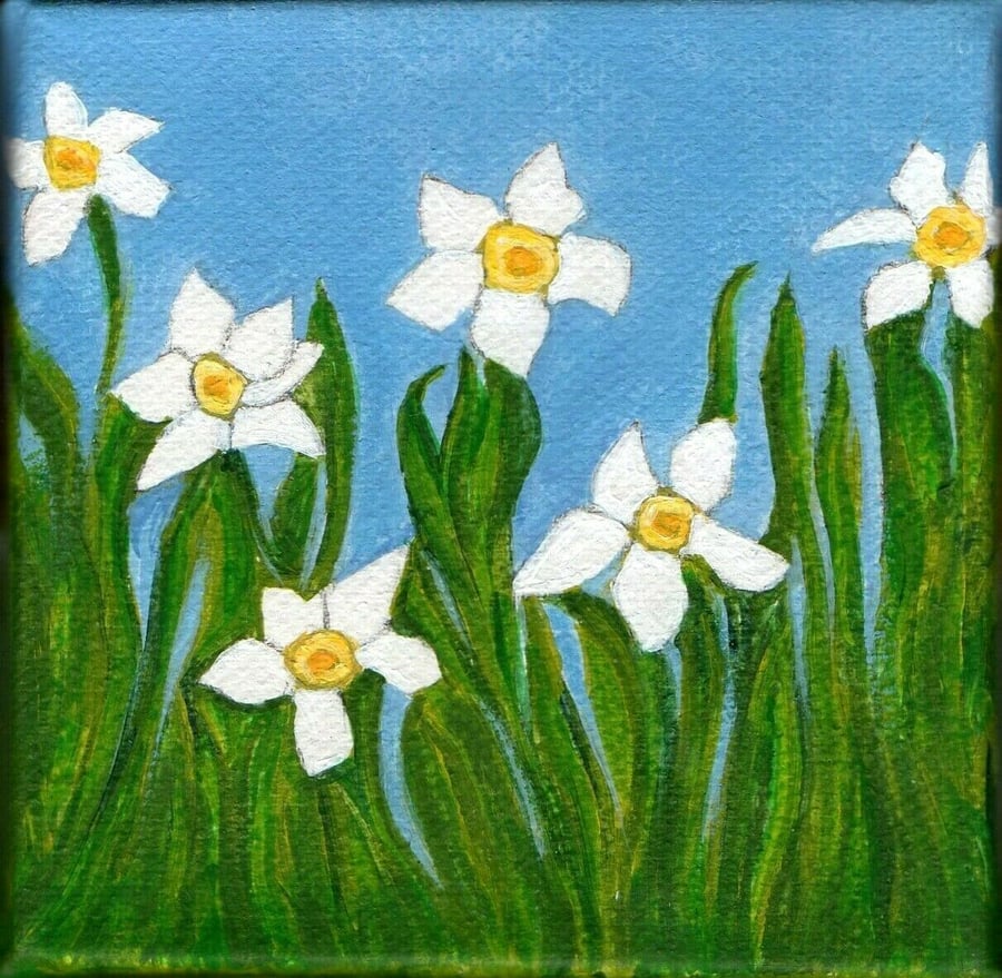 Original Daffodils Art Acrylic Painting on Stretched Canvas 4x4 Inches