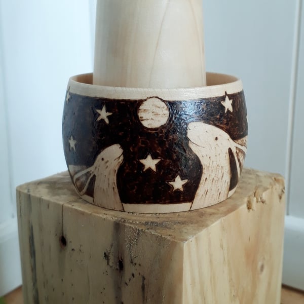 Pyrography moon gazing hares wooden bangle 