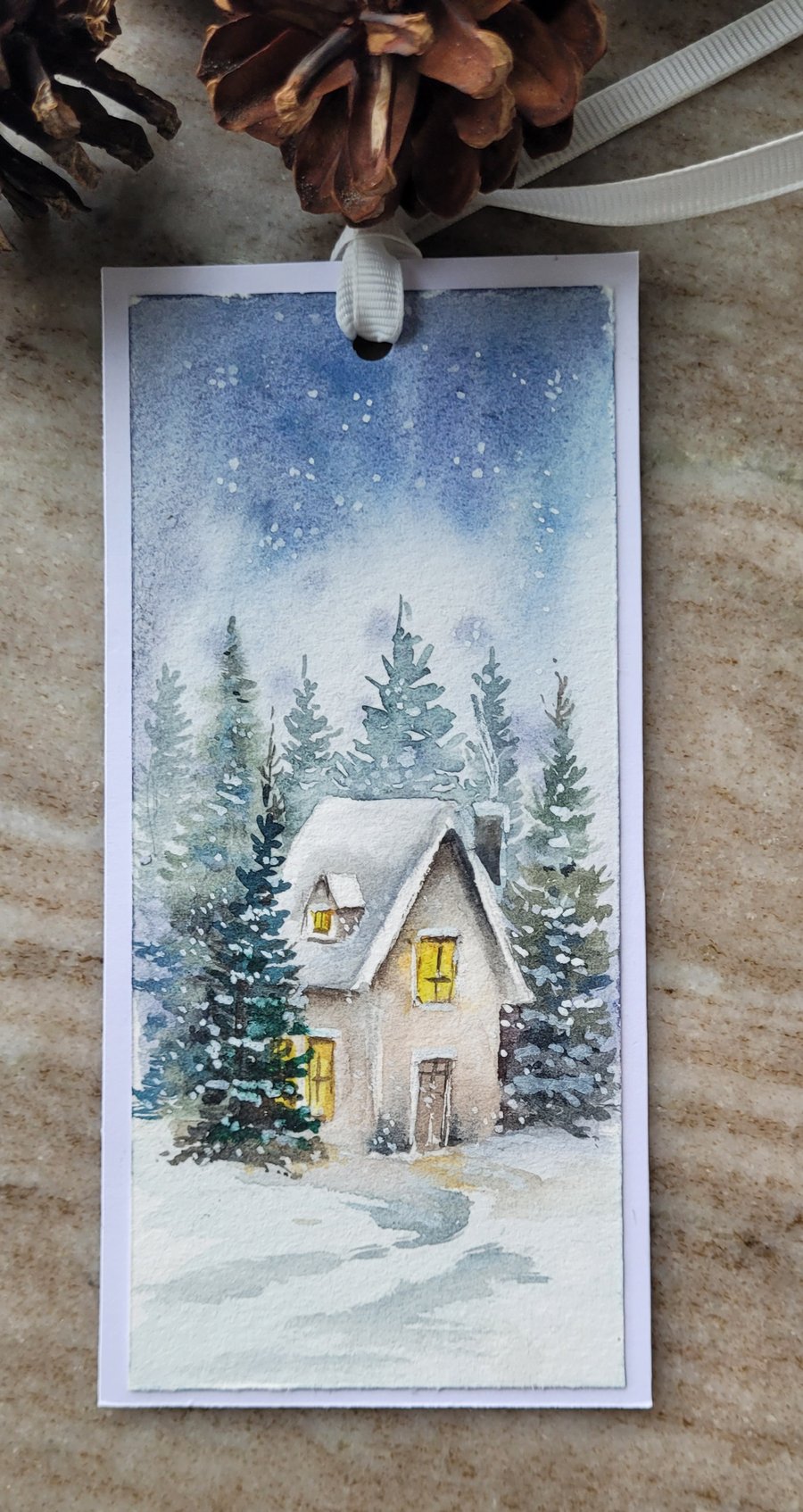 Original Hand Painted Watercolour  Bookmark, Christmas Winter scene. snowy day, 