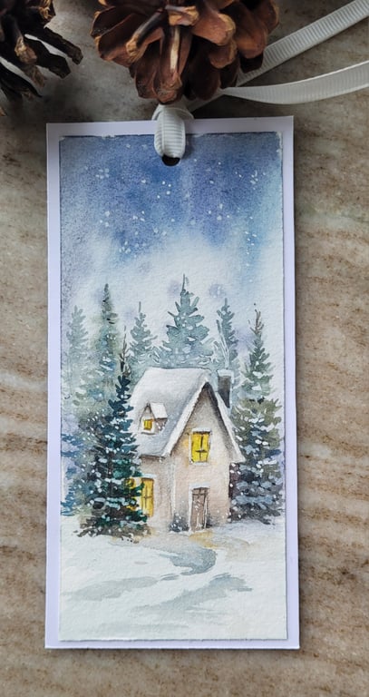 Original Hand Painted Watercolour  Bookmark, Christmas Winter scene. snowy day, 