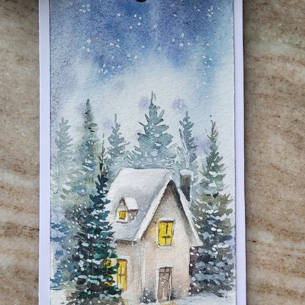 Original Hand Painted Watercolour  Bookmark, Christmas Winter scene. snowy day, 