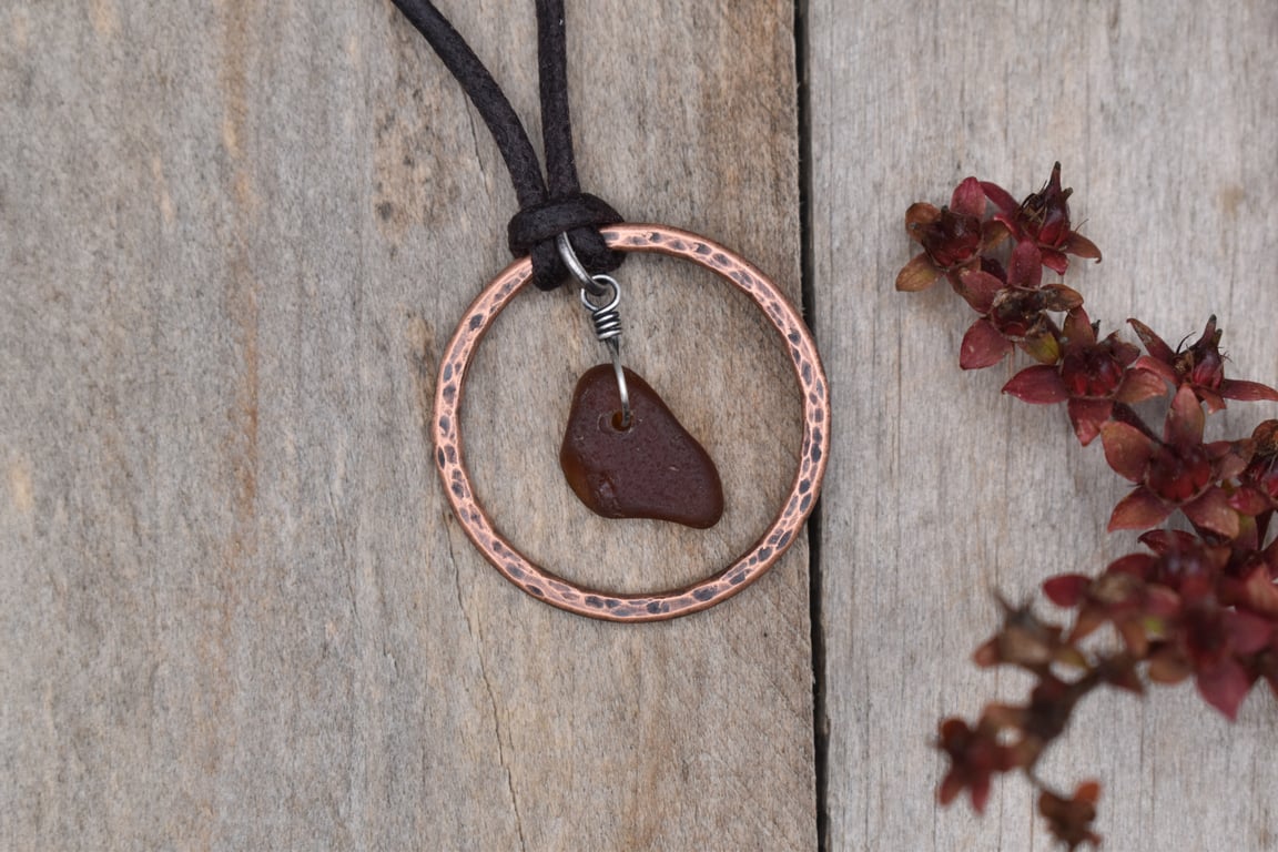 Amber Sea Glass and Copper Adjustable Waxed Cotton Cord Necklace