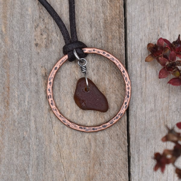 Amber Sea Glass and Copper Adjustable Waxed Cotton Cord Necklace