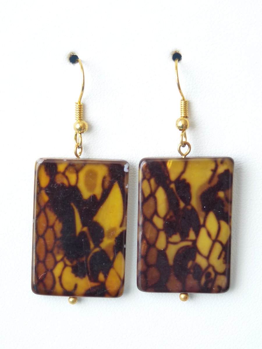 Lace Print Shell Dangle Earrings - Handmade - Genuine Gemstone