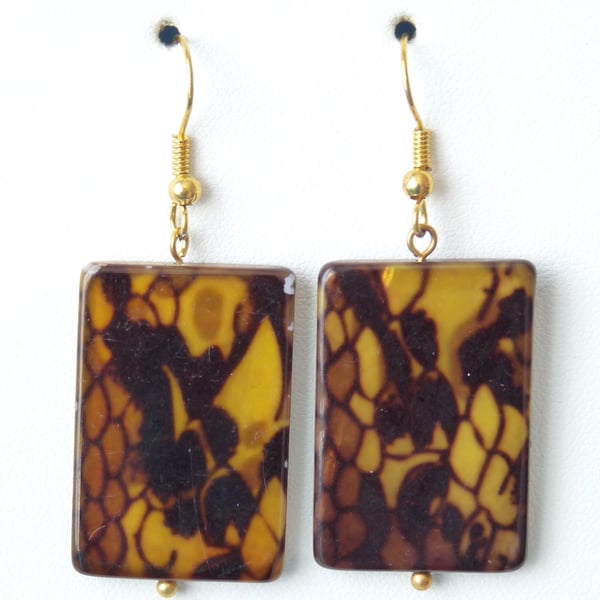 Lace Print Shell Dangle Earrings - Handmade - Genuine Gemstone