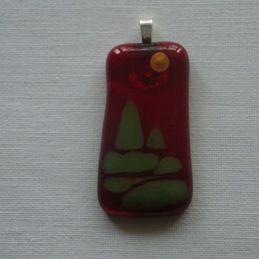 Red fused glass pendant - Woodland sunset