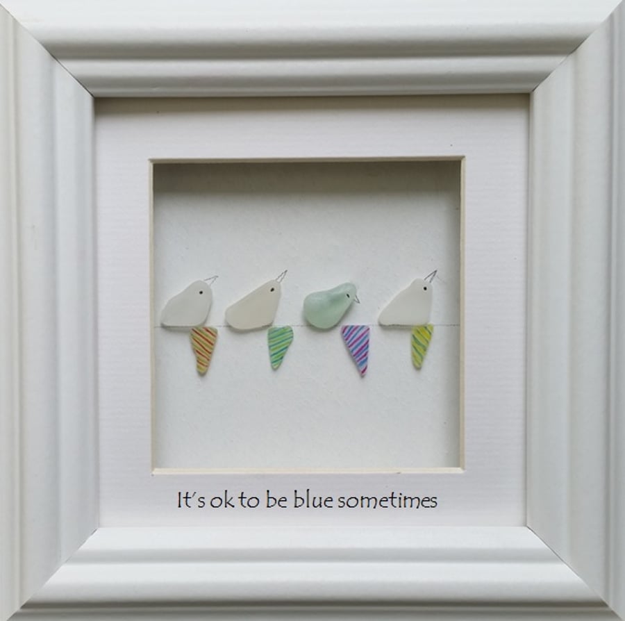 Sea Glass Birds on Bunting, Pebble Art Picture, Wall Art, Home Decor, 