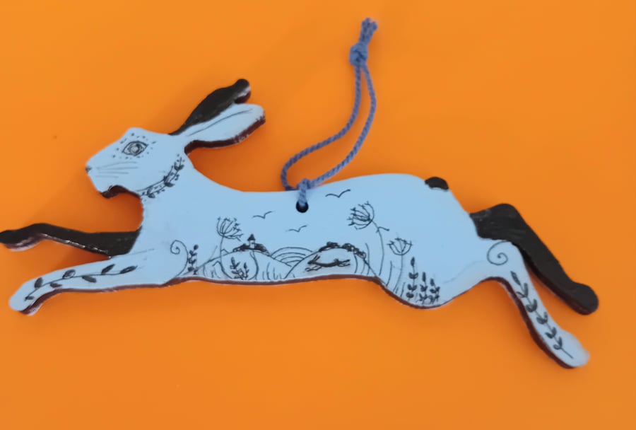 Little blue hare  wooden shapes hand painted 