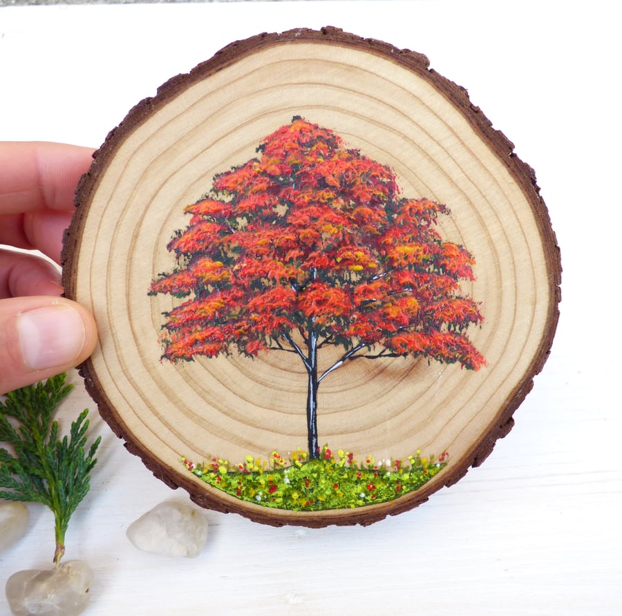 Hand Painted Wood Slice,  Red Tree Painting Wall Art
