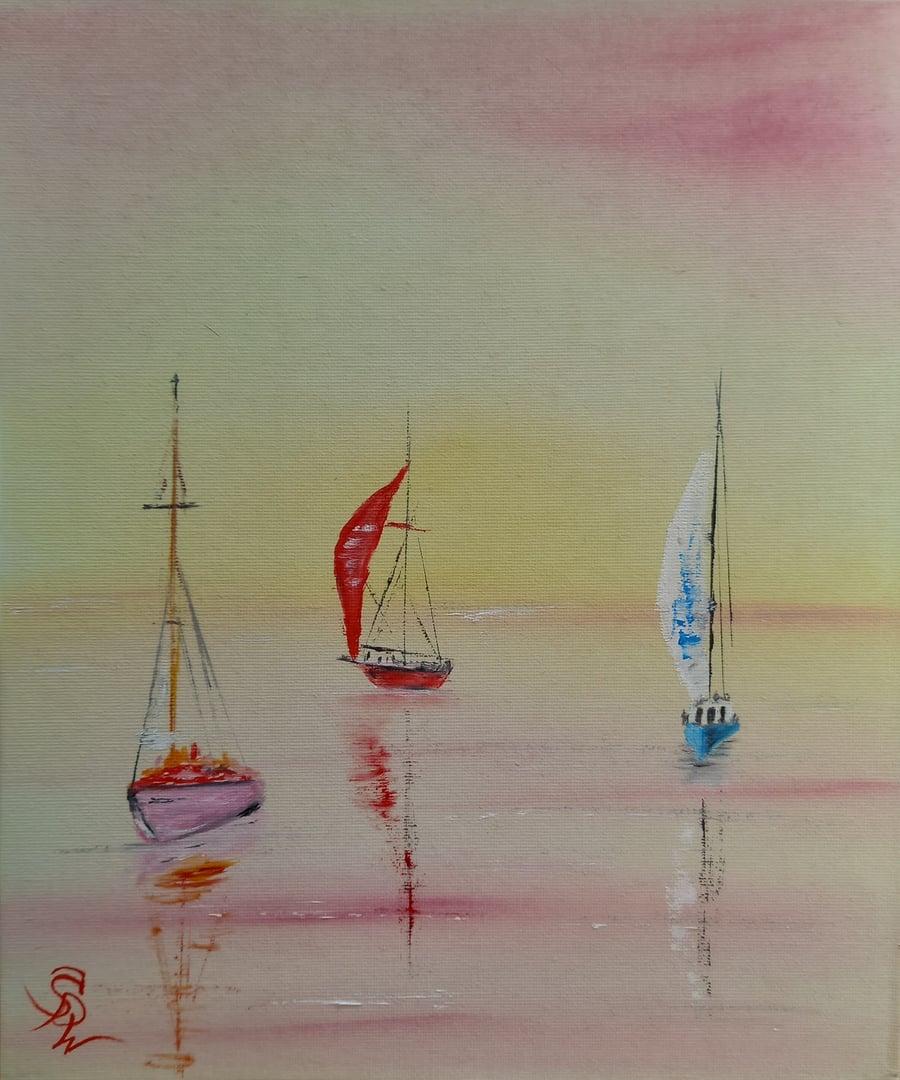 Trio of Boats Sailing in the Mist  Oil Painting 