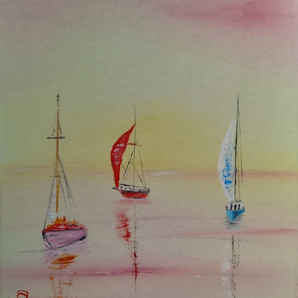 Trio of Boats Sailing in the Mist  Oil Painting 