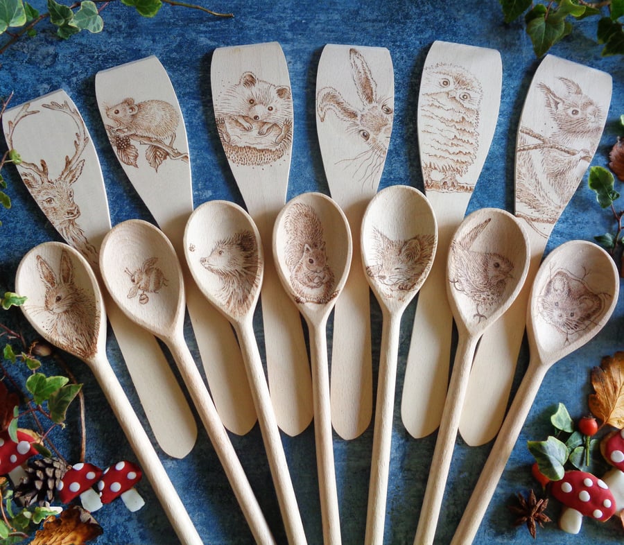 One Hand Decorated Wooden Spoon or Spatula - Owl, Mouse, Hedgehog, Hare Designs