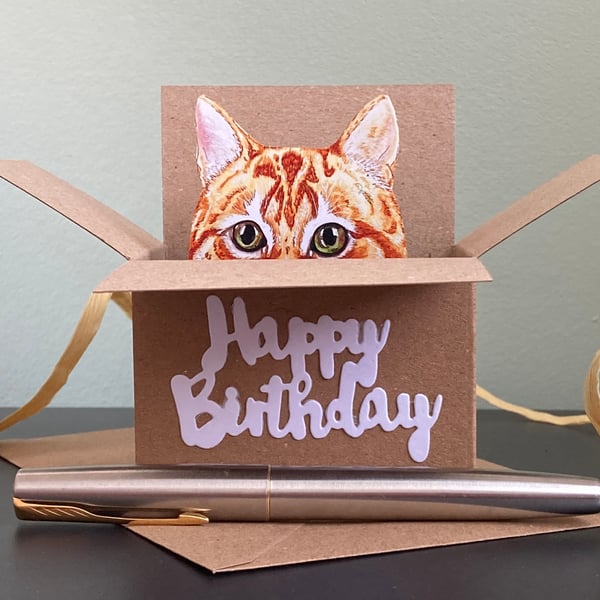 Cat Birthday Card. Ginger cat box card. Birthday gift card holder for cat lovers