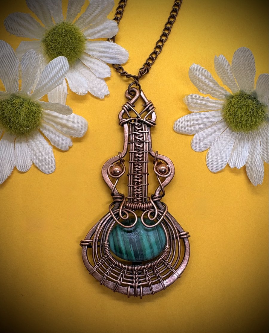 Antique copper Guitar pendant with Malachite