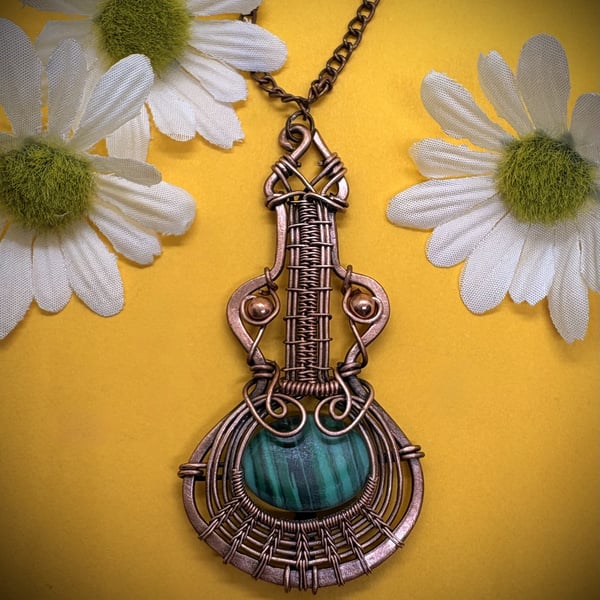 Antique copper Guitar pendant with Malachite