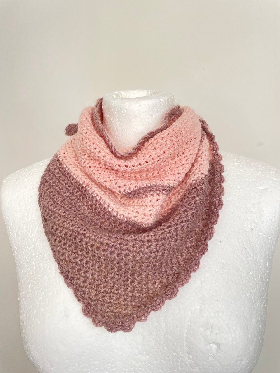 Naturally dyed pink and mauve pure wool crochet triangle scarf 