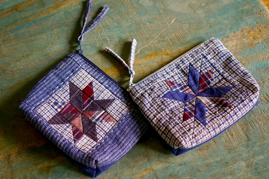 Star Patchwork Zipper Pouch, Vintage Fabric Makeup Bag, Handmade Christmas Gift