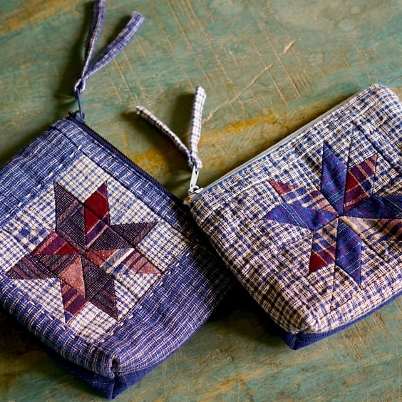 Star Patchwork Zipper Pouch, Vintage Fabric Makeup Bag, Handmade Christmas Gift