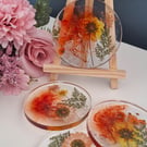 Botanical Swirl Orange, Red and Gold Hand Poured Resin Coasters 