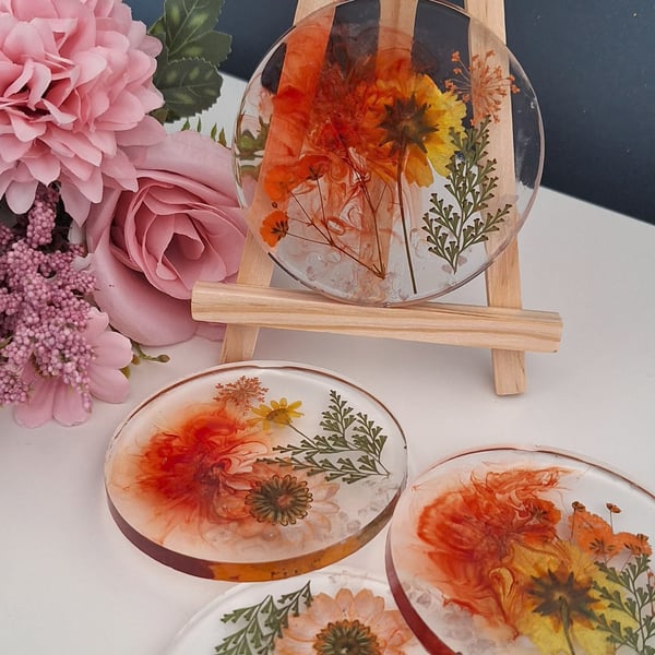 Botanical Swirl Orange, Red and Gold Hand Poured Resin Coasters 
