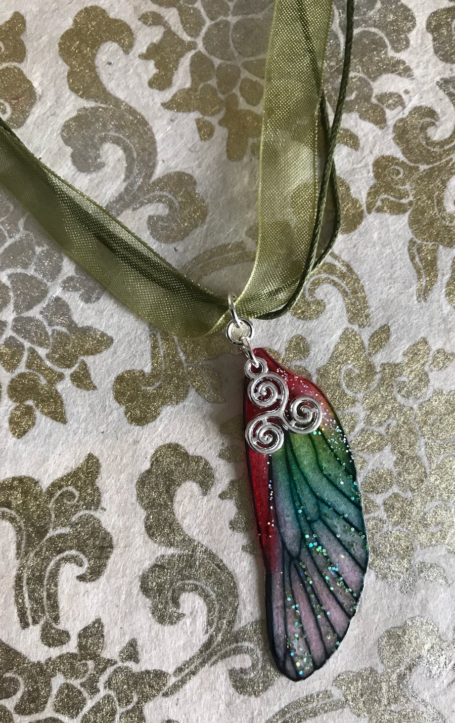 Red and Green Triskelion Fairy Wing and Green Organza Cord Necklace 